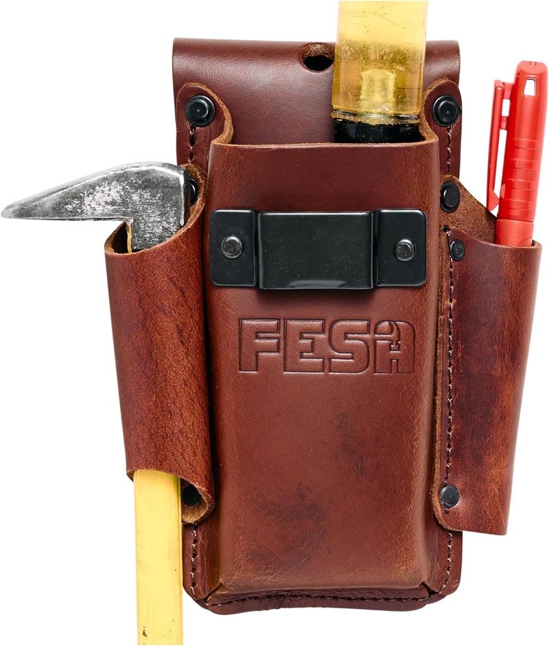 fesa Small Leather Tool Pouch - 4-in-1 Heavy Top Grain Leather Small Tool Pouch with a Tape Measure Holder, 3 Pockets & Reinforced Heavy Duty Rivets - Fits Belts up to 3" - Handcrafted - Image 1